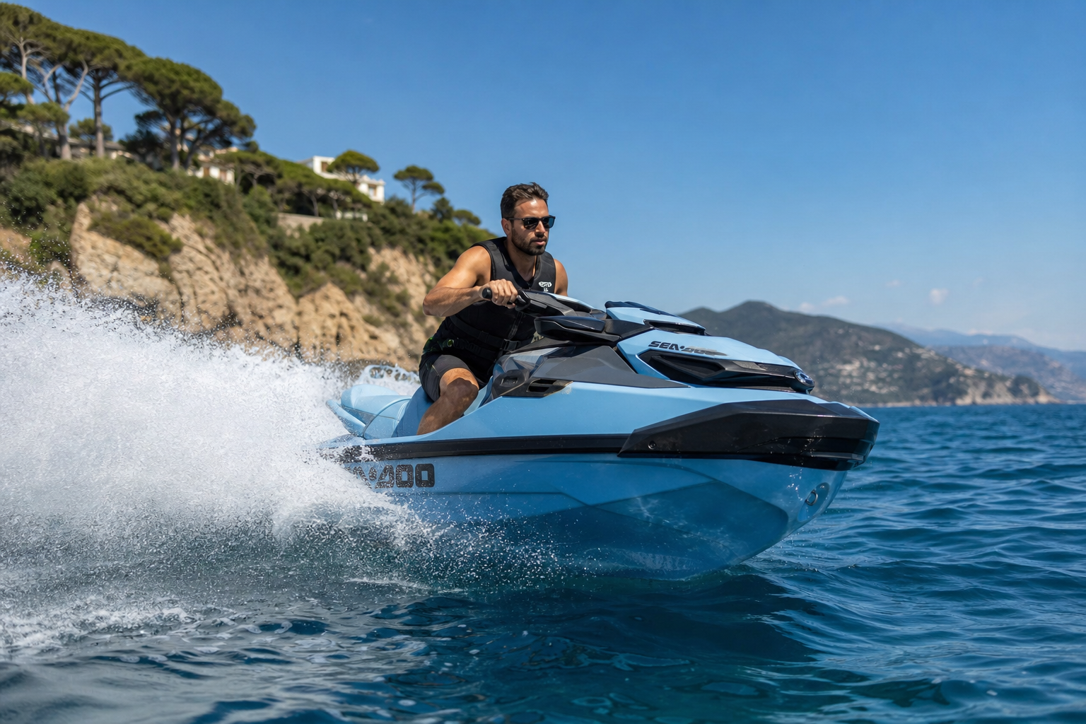 Rider on a Sea-Doo GTI at speed